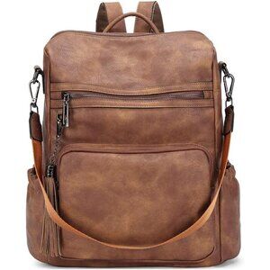 Women Brown Leather Travel Backpack Fashion Shoulder Bags with Tassel Two-toned